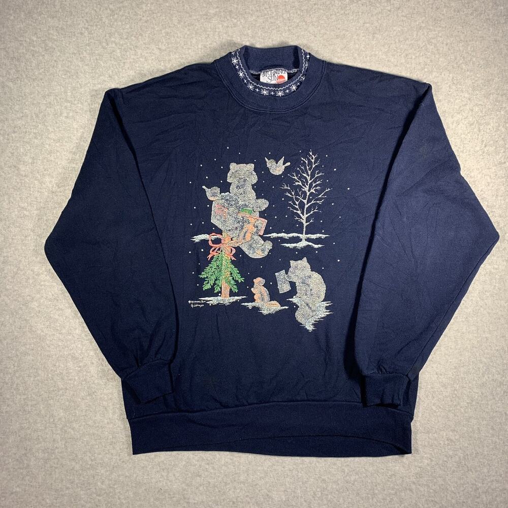 VTG Morning Sun Christmas Tree Sweater Women’s Sz L Sled On Blue Grandmacore
